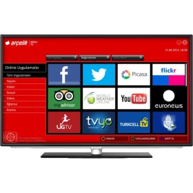 Arçelik A32-LB-7336 Full HD LED TV, kırmızı arayüzlü akıllı uygulama ekranıyla önden görünüm
