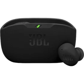 JBL Vibe Buds 2 tam kablosuz siyah kulaklık ve şarj kutusu, önden görünüm