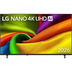 LG 65NU8E0B3LA Nano 4K UHD televizyon, renkli kumaş desenli ekran ve siyah çerçeveyle önden görünüm
