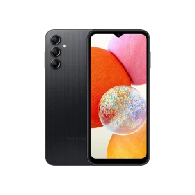 Samsung Galaxy A14 siyah akıllı telefon, ön ekran ve üçlü arka kamera tasarımıyla vitrinde görünüm