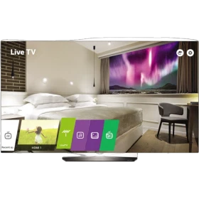 LG 55EW961H Ultra HD 4K OLED televizyon, oturma odasında canlı yayın ve modern tasarım ile vitrin görünümü