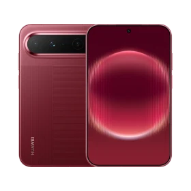 Kırmızı Huawei Pura X View telefonun ön ve arka tasarımı, kamera sistemi ve ekranı birlikte gösteriliyor