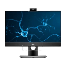 Dell OptiPlex 5480 N006O5480AIO masaüstü bilgisayar, siyah çerçeveli geniş ekran ve ayak tasarımıyla önden görünüm