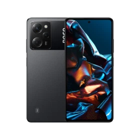 Poco X5 Pro 5G siyah akıllı telefonun renkli ekranı ve üçlü arka kamera tasarımı birlikte gösteriliyor