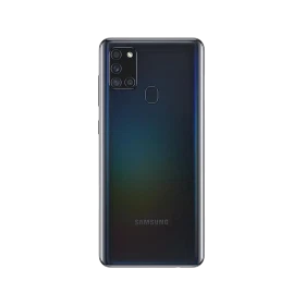 Siyah Samsung Galaxy A21s akıllı telefon, arka yüz ve dörtlü kamera modülü ile parmak izi sensörü görünümü