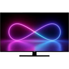 Vestel 65Q9900 Ultra HD 4K QLED televizyon, siyah çerçeveli ekranı ve renkli sonsuzluk deseniyle