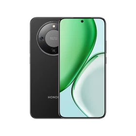Honor X70 siyah akıllı telefonun ön ve arka yüzü, delikli ekran ve yuvarlak kamera modülüyle vitrin görünümü