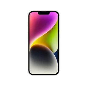 Apple iPhone 14 Plus beyaz akıllı telefon, önden görünüm, çentikli ekran ve renkli duvar kâğıdıyla