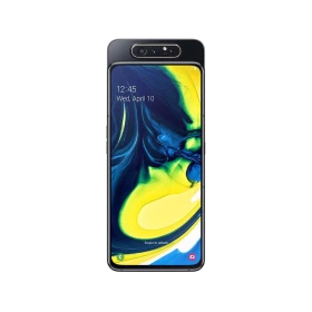 Siyah Samsung Galaxy A80 akıllı telefonun önden görünümü, tam ekran ve üstte açılır kamera modülüyle