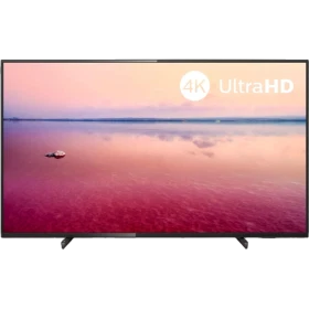 Philips 55PUS6704 Ultra HD 4K LED televizyon ekranda pembe manzara ve 4K UltraHD yazısı görünüyor