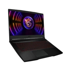 MSI Thin GF63 12VE-066US siyah oyuncu laptop; RGB aydınlatmalı klavye ve ejderha temalı ekran görüntüsü.