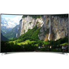 Arçelik A55C 9593 5S1 Ultra HD 4K LED TV, kavisli siyah ekranında dağ ve şelale manzarası