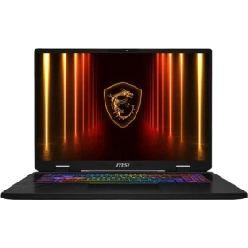 MSI Crosshair 17 HX AI D2XWGKG-018XTR koyu gri oyuncu laptop; kırmızı-sarı ışık ve ejderha logosu ekranı.