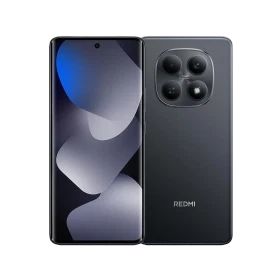 Xiaomi Redmi Note 15 siyah akıllı telefonun ön ekranı ve arka kamera modülünü gösteren vitrin görüntüsü