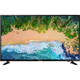 Samsung 65NU7090 Ultra HD 4K LED televizyon, ekranda sahil manzarası ile vitrin görünümlü siyah TV