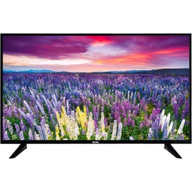 Vestel 49UD8500 Ultra HD 4K siyah LED televizyon, çiçek tarlası görüntüsü ve ayak tasarımıyla önden görünüm
