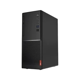 Lenovo V520 10NK004ATX siyah masaüstü bilgisayar, ön paneli ve bağlantı noktaları görünür