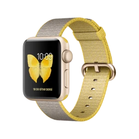 Apple Watch Series 2 38 mm altın alüminyum kasalı, sarı ve açık gri naylon örgü kordonlu akıllı saat