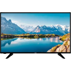 Vestel 40U9400 Ultra HD 4K siyah LED televizyon, dağ ve göl manzarası yayınıyla önden görünüm