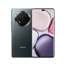 Honor Magic 7 Lite siyah akıllı telefon, ön ve arka görünüm; büyük ekran ve dairesel kamera modülüyle vitrin görüntüsü