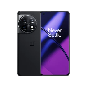 Siyah OnePlus 11 5G akıllı telefonun ön ve arka yüzü, üçlü kamera sistemi ve mor ekran arayüzüyle birlikte.