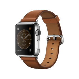 Apple Watch 38 mm gümüş paslanmaz çelik kasalı, klasik tokalı kahverengi kayışlı akıllı saat