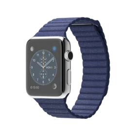 Apple Watch 42 mm gümüş paslanmaz çelik kasa ve parlak mavi deri Loop akıllı saat