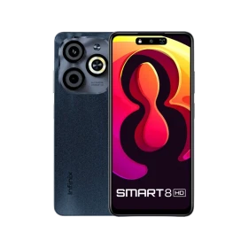 Infinix Smart 8 HD siyah akıllı telefon, ön ekran ve arka kamera tasarımıyla vitrin görünümü