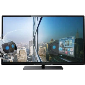 Philips 46PFL4468K Full HD FHD LED televizyon; şehir manzaralı ekranda canlı görüntü, genel siyah tasarım