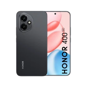 Siyah Honor 400 akıllı telefonun ön ve arka görünümü, çift arka kamera modülü ve delikli ekran tasarımı