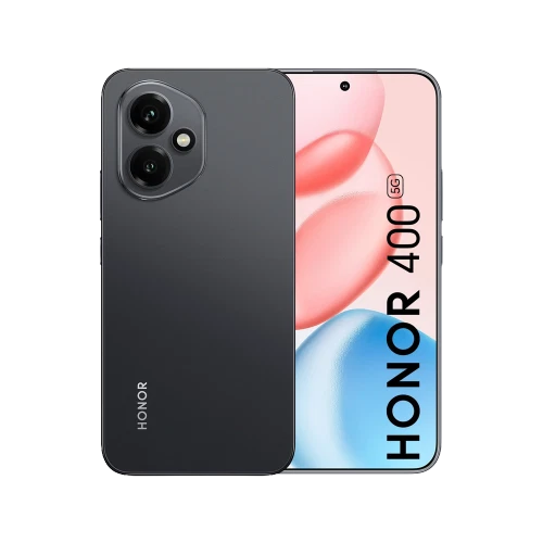 Siyah Honor 400 akıllı telefonun ön ve arka görünümü, çift arka kamera modülü ve delikli ekran tasarımı