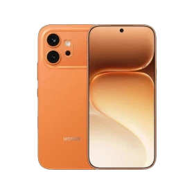 Turuncu renkli Honor 600 akıllı telefon, çift arka kamera tasarımı ve tam ekran ön yüz görünümüyle