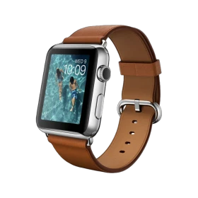 Apple Watch 42 mm, gümüş paslanmaz çelik kasalı ve kahverengi klasik tokalı kayışlı akıllı saat