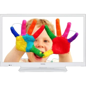 Vestel 22F8510B Full HD LED TV, beyaz çerçeveli ekranda renkli el baskıları ve çocuk yüzü gösteriyor