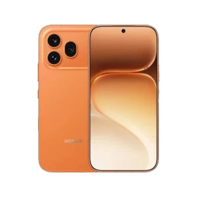 Turuncu Honor 600 Pro akıllı telefon, önden ekran ve arkada üçlü kamera tasarımıyla birlikte görünümü