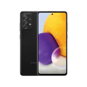 Samsung Galaxy A72 siyah akıllı telefon, ön ekran ve arka çoklu kamera tasarımıyla vitrin görünümü