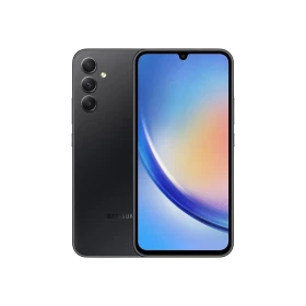 Samsung Galaxy A34 siyah akıllı telefon, ön ekran ve üçlü arka kamera tasarımıyla vitrin görünümü