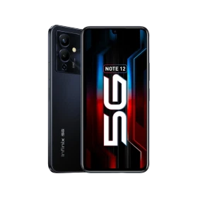 Siyah Infinix Note 12 5G akıllı telefon, ön ekran ve arka üçlü kamera tasarımıyla vitrin görünümü