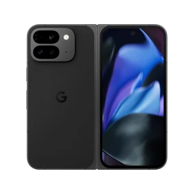 Google Pixel 9 Pro Fold siyah akıllı telefonun açık halde ön ve arka görünümü