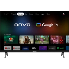 Onvo OV32F750 HD Ready LED televizyon, siyah ekranında Google TV arayüzüyle önden görünüm