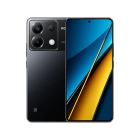 Siyah Poco X6 5G akıllı telefon, ön ekranı ve çift kameralı arka tasarımıyla vitrin görünümü