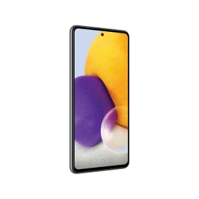 Samsung Galaxy A72 siyah akıllı telefon, ince çerçeveli ekran ve delikli ön kamera tasarımıyla önden görünüm
