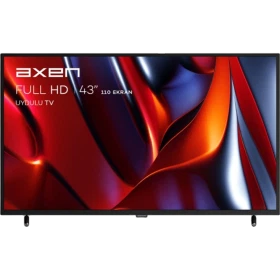 Axen AX43DIL010 43 inç Full HD LED televizyon, kırmızı ve lacivert ekran tasarımıyla önden görünüm