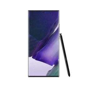 Samsung Galaxy Note 20 Ultra siyah akıllı telefon, önden ekran görünümü ve yanında S Pen kalem ile birlikte