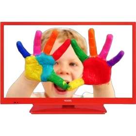 Vestel 22F8510K Full HD FHD kırmızı LED televizyon, ekranda renkli el baskıları yapan çocukla gösteriliyor