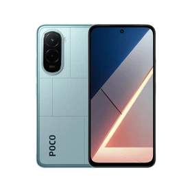 Mavi Poco M7 4G akıllı telefonun ön ekranı ve çift kameralı arka tasarımı yan yana görünümü