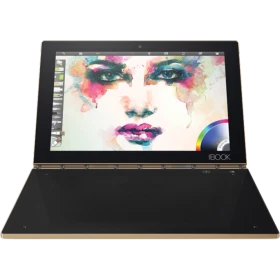 Lenovo Yoga Book 4G Android 6.x Marshmallow siyah tablet, açık menteşe ve ekranda renkli dünya görseli