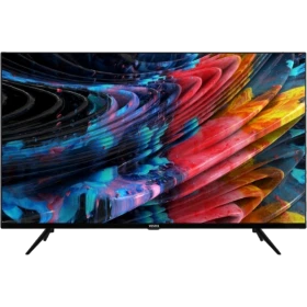 Vestel 43U9600 Ultra HD 4K LED televizyon, renkli soyut içerik gösteren siyah ekran ve ayaklarla