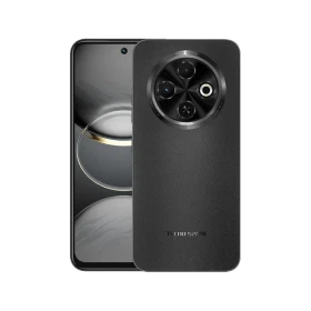 Tecno Spark 30 C siyah akıllı telefon, önden ekran ve arkadan yuvarlak kamera modülüyle vitrin görünümü