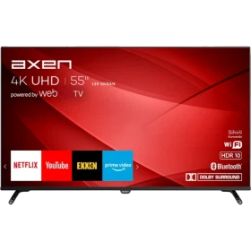 Axen AX55FIL243 Ultra HD 4K 55 inç LED televizyon, kırmızı ekran arayüzü ve siyah ayaklarıyla önden görünüm